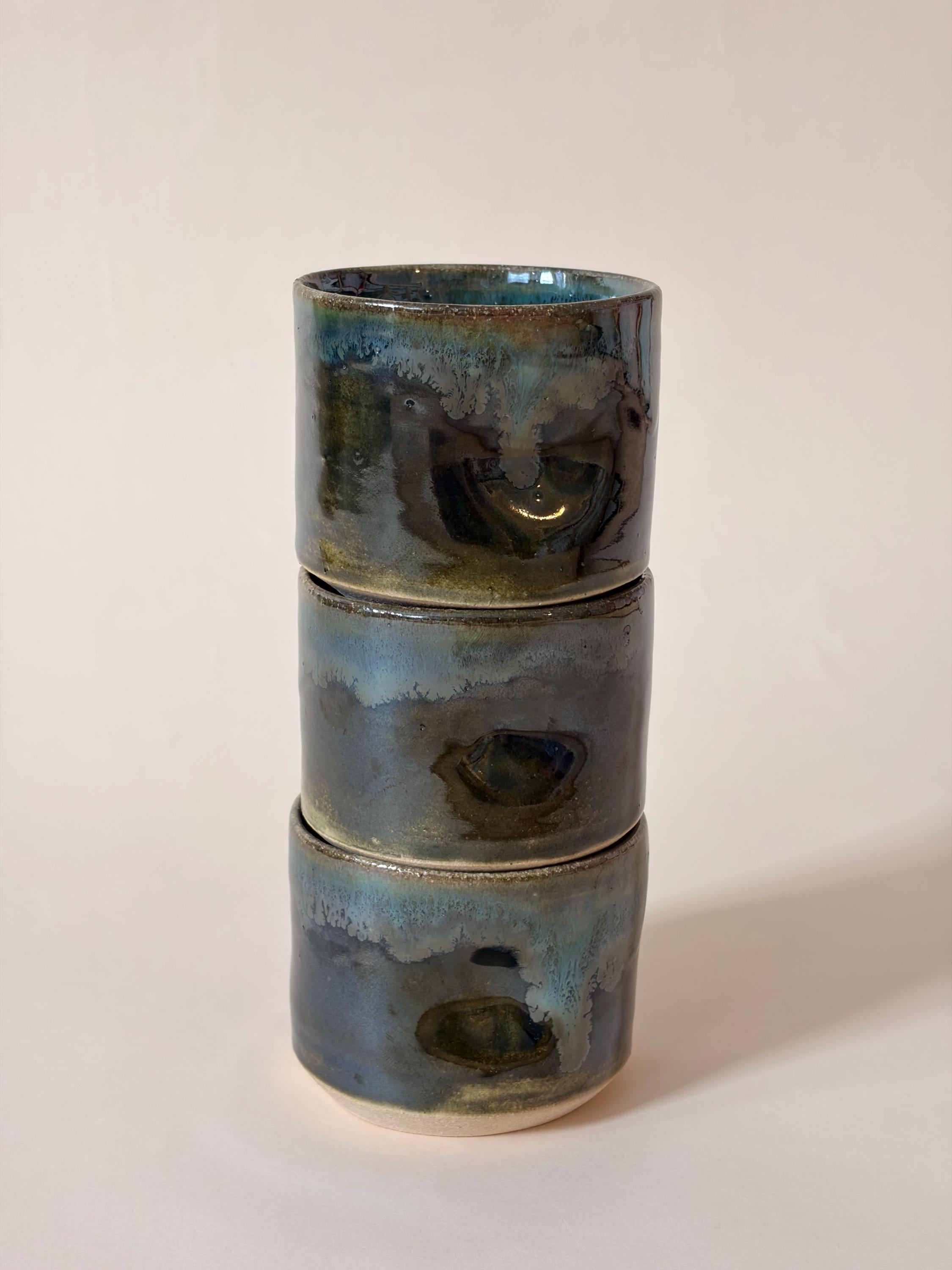 Stackable Handmade Pinched Small Ceramic Cappuccino Mug, Emerald