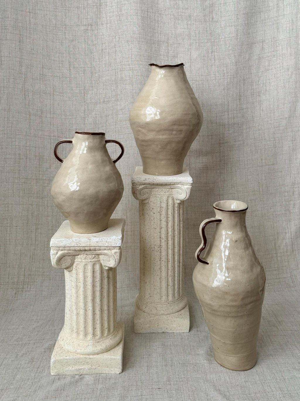 Handmade Ceramic Vase: Rustic Cream Vase with Brown Accent