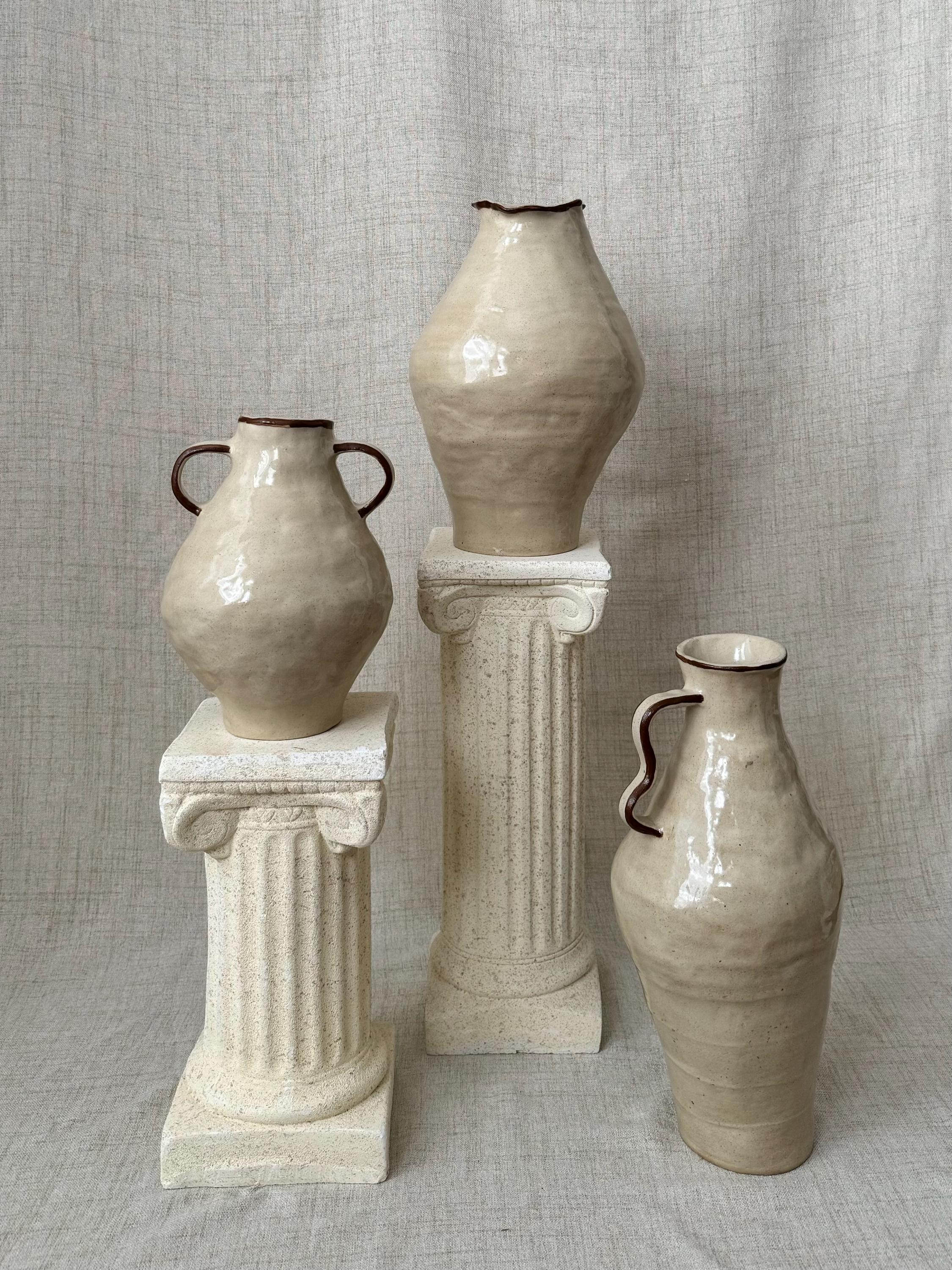 Handmade Ceramic Vase: Rustic Cream Vase with Brown Accent