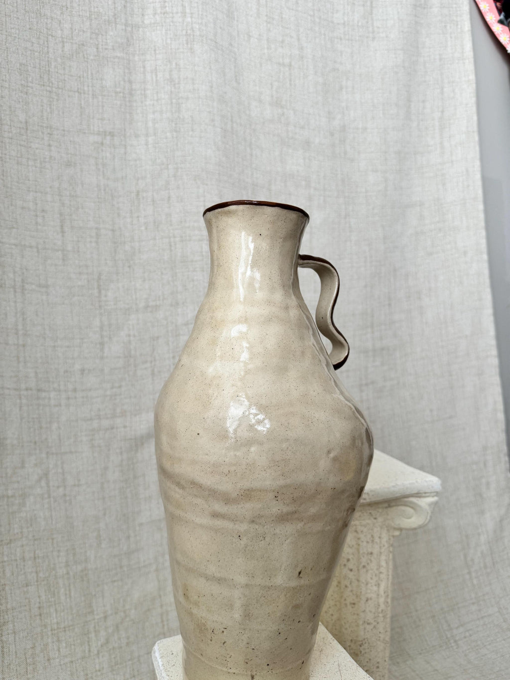 Handmade Ceramic Vase: Rustic Cream Vase with Brown Accent