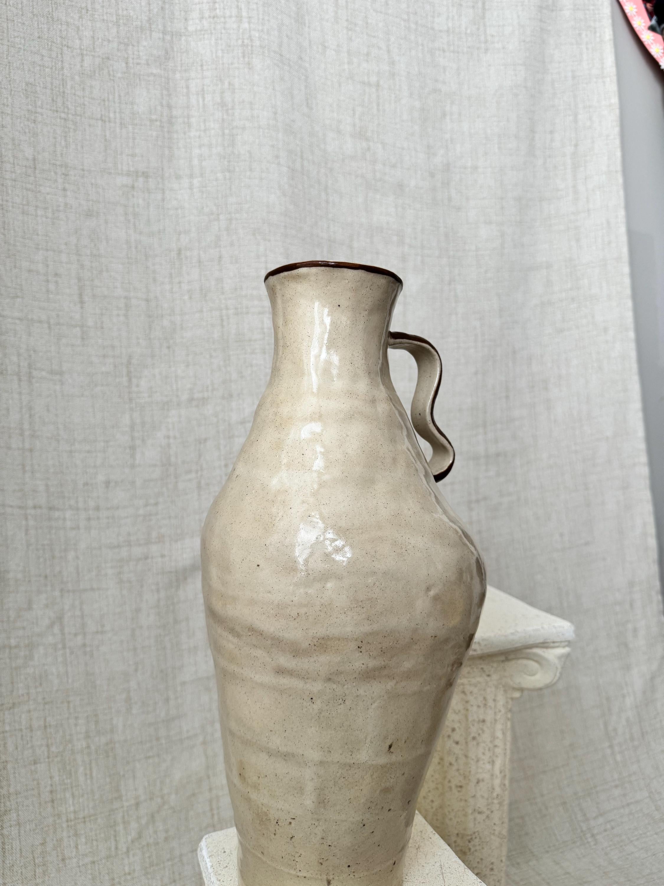 Handmade Ceramic Vase: Rustic Cream Vase with Brown Accent