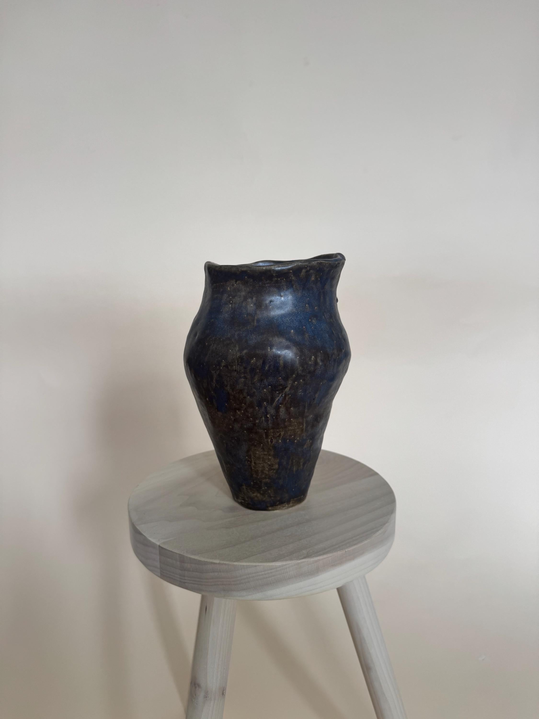 Handmade Ceramic Sculptural Vase: Organic Blue Stoneware Vessel