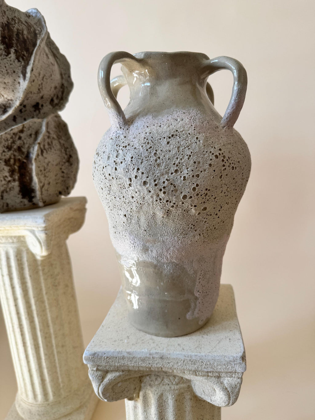 Handmade Ceramic Sculptural Vase: Organic Stoneware Vessel. Four Handles