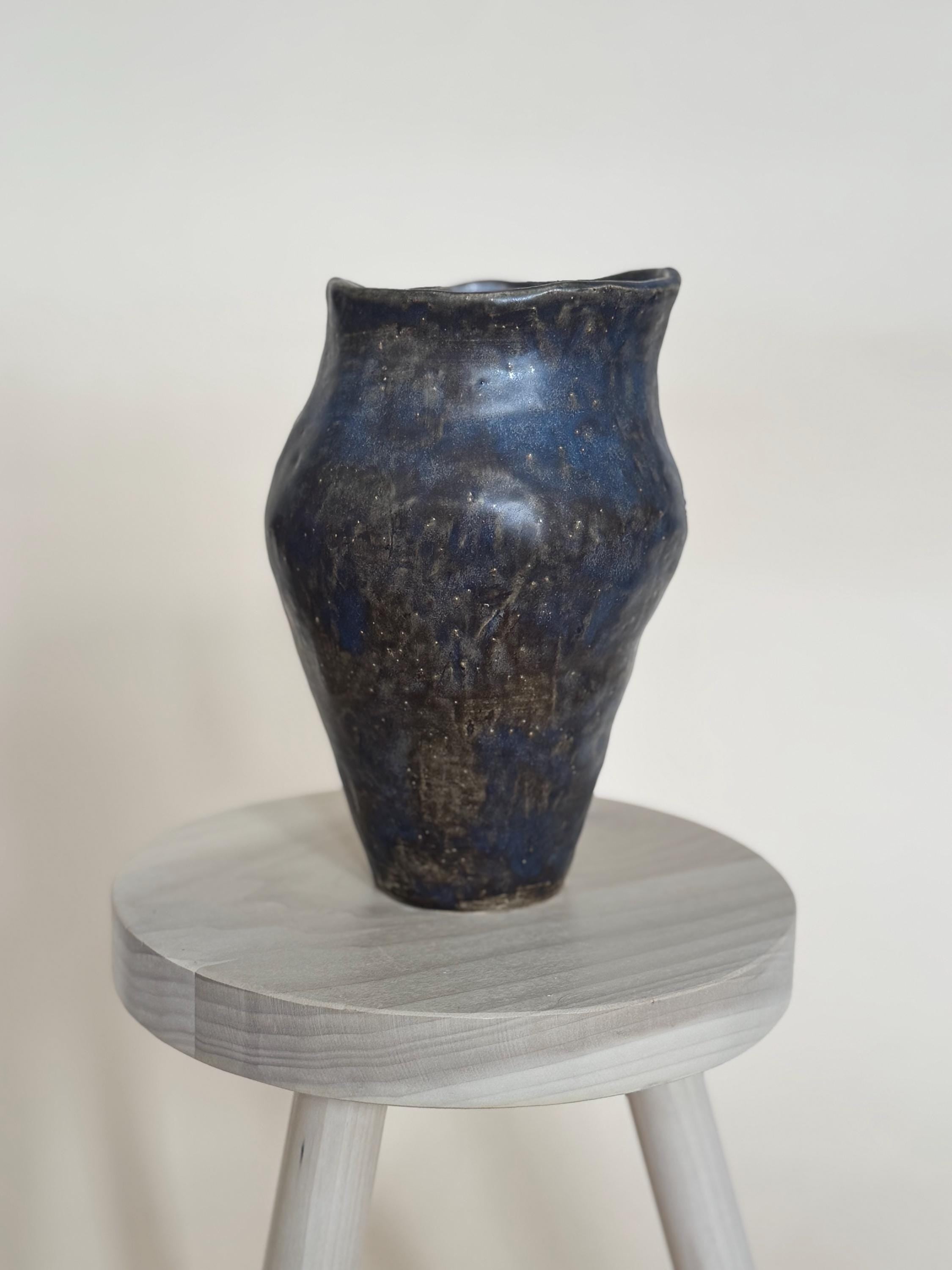 Handmade Ceramic Sculptural Vase: Organic Blue Stoneware Vessel