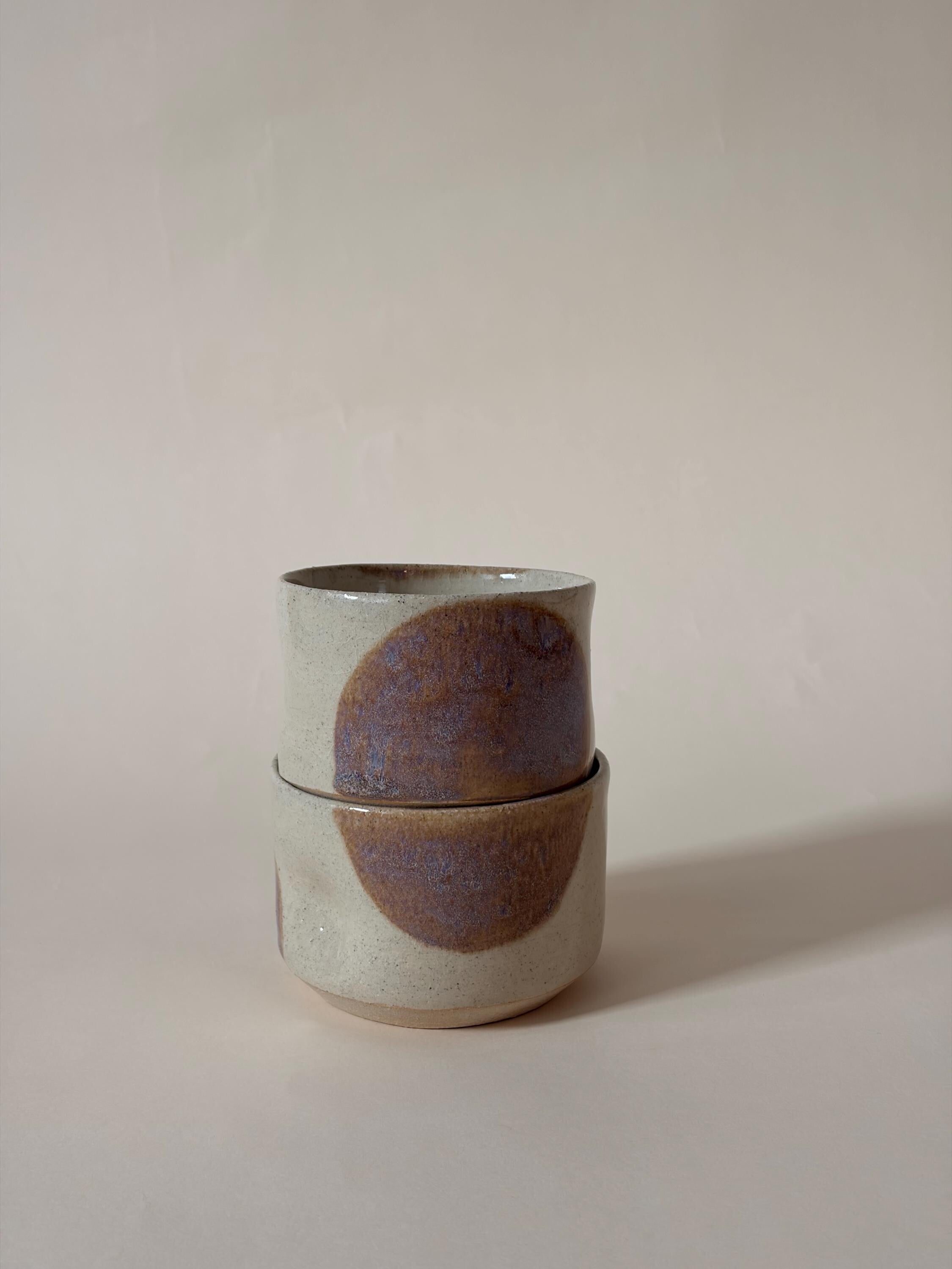 Stackable Handmade Pinched Ceramic Coffee Mug, Cream with Bold Abstract Detail